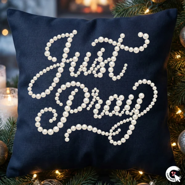 Just Pray Pearls Christian PNG design on navy blue throw pillow with Christmas greenery, pearl lettering religious sublimation home decor