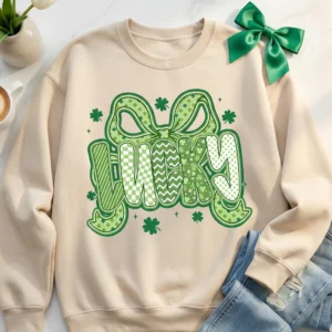Lucky Coquette Bow PNG design printed on a sand-colored oversized sweatshirt with a green ribbon accessory.