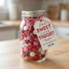 DIY Mason jar Valentine gift for teacher filled with candy and tied with a printable sweet quote tag.