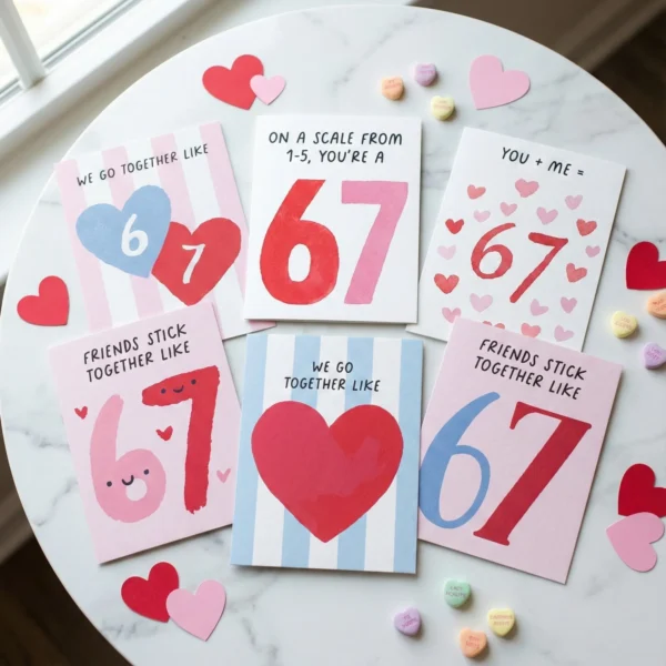 Flat lay of 6 funny printable 67 slang Valentine's Day cards with candy hearts for kids classroom exchange.