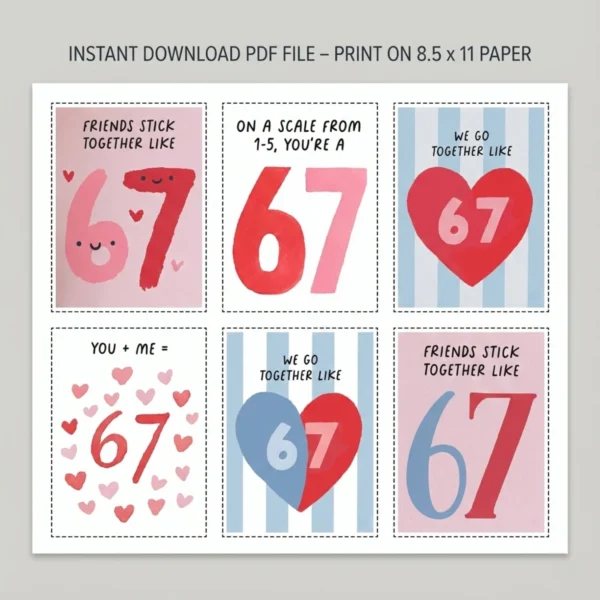 Printable PDF sheet layout of 67 Valentine's Day cards with dotted cutting guides instant download.