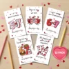 Printable Valentine cards for kids featuring cute number 6 and 7 characters scattered on a wooden desk with pencils and a 12 pack badge.