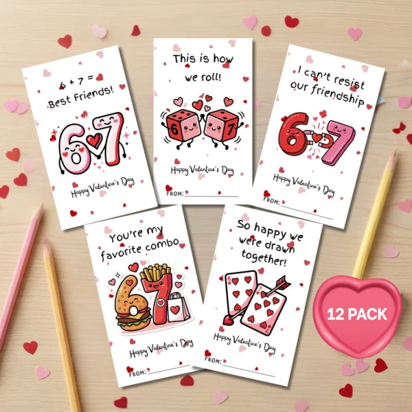 Printable Valentine cards for kids featuring cute number 6 and 7 characters scattered on a wooden desk with pencils and a 12 pack badge.
