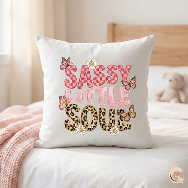 Sassy Little Soul decorative throw pillow mockup in a cozy nursery setting.