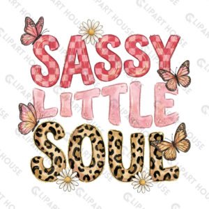 Sassy Little Soul PNG sublimation design with leopard print and pink butterflies.