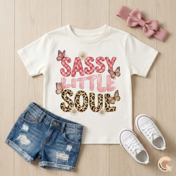 Sassy Little Soul sublimation design on white toddler t-shirt mockup with denim shorts and pink bow.