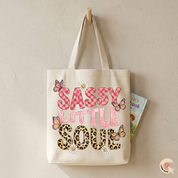 Eco-friendly canvas tote bag mockup featuring Sassy Little Soul leopard print design.