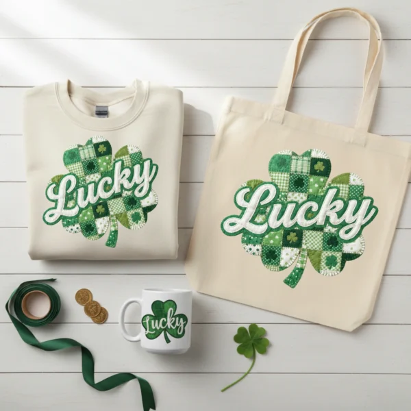 Multi-product mockup featuring Lucky Shamrock design on a tote bag, coffee mug, and folded sweatshirt.