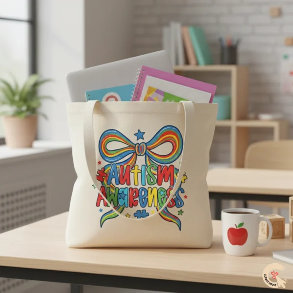 Aesthetic tote bag with autism awareness bow design on a teacher's desk in a classroom setting.