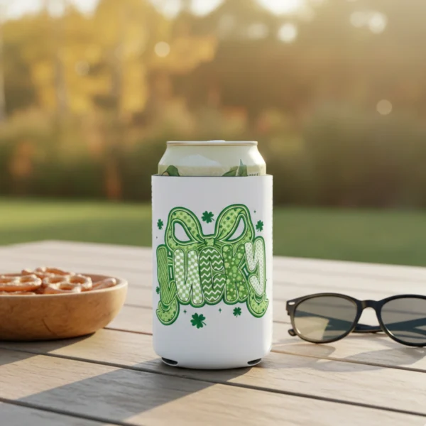 Lucky Coquette Bow sublimation design on a white can cooler/stubby holder placed on an outdoor wooden table.