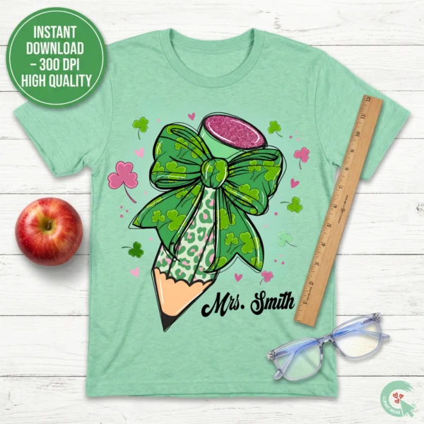 Flat lay of heather mint green t-shirt featuring leopard print shamrock teacher pencil design with personalized name Mrs. Smith, styled with red apple and ruler for teacher appreciation.