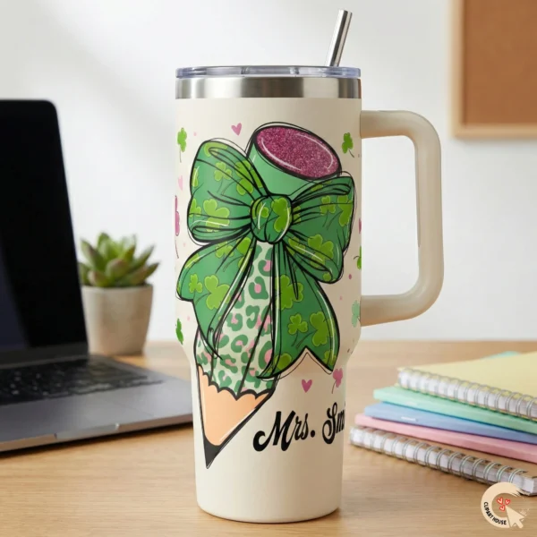 40oz cream stainless steel tumbler with handle featuring a wrap-around leopard print shamrock pencil design, sitting on a teacher's desk with a laptop.