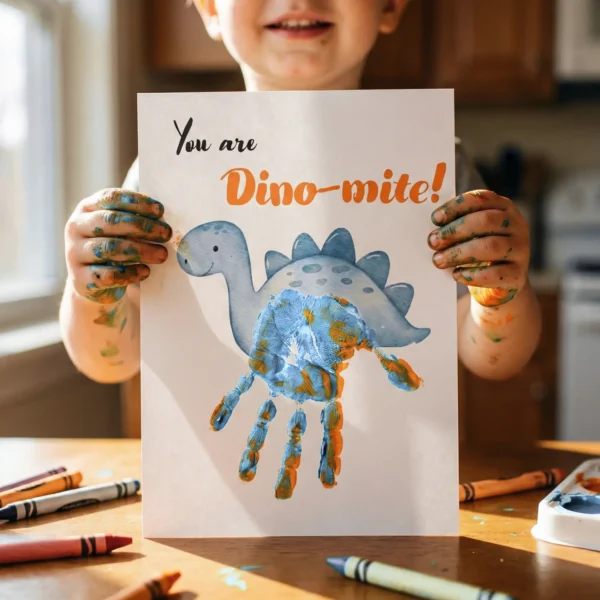Happy toddler holding a finished blue Stegosaurus Dinosaur Handprint Art Father's Day card with messy painted hands.