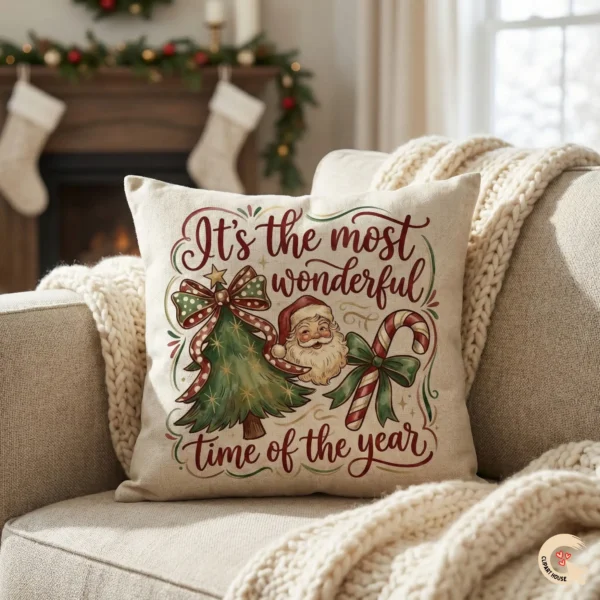 Decorative Christmas throw pillow on a sofa featuring a hand-painted watercolor Santa illustration in a cozy living room setting with a fireplace.