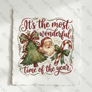 Vintage hand-painted watercolor Santa Claus and Christmas tree illustration with "It's the most wonderful time of the year" typography on textured paper.