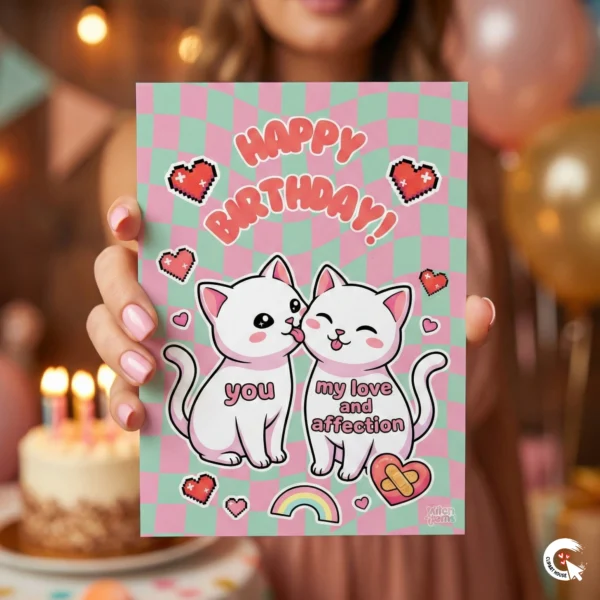 Woman holding a printed A6 size funny cat meme birthday card in hand with birthday cake and balloons in background.