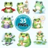 Collage of 35 cute watercolor frog clipart PNGs featuring a superhero frog, drummer frog, and skiing frog around a central badge indicating high-resolution transparent background files.
