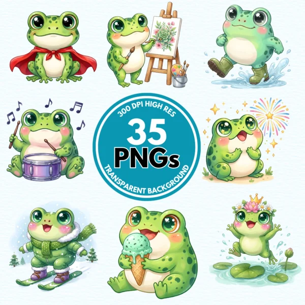 Collage of 35 cute watercolor frog clipart PNGs featuring a superhero frog, drummer frog, and skiing frog around a central badge indicating high-resolution transparent background files.
