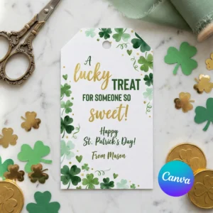 Flat lay of printed St Patricks Day gift tags with vintage scissors and shamrock confetti. Watercolor green and gold design for DIY party favors.