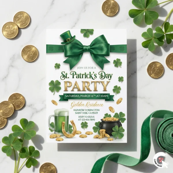Flat lay photography of a St. Patrick's Day invitation card surrounded by real gold coins, green ribbon, and fresh shamrocks.
