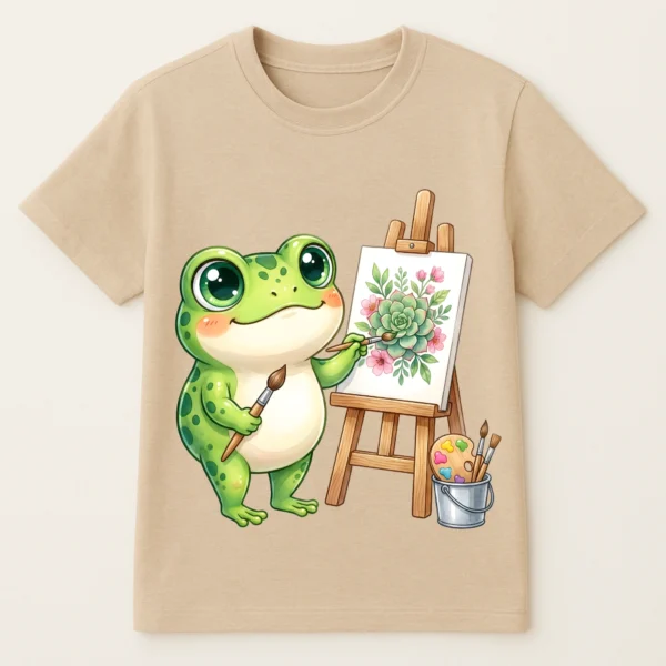 Flat lay mockup of a beige kids t-shirt featuring a cute watercolor frog painting pink flowers on an easel.