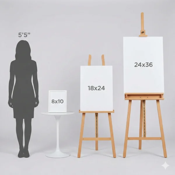 Size guide comparison showing 8x10, 18x24, and 24x36 inch welcome signs relative to a person.