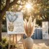 Outdoor garden baby shower welcome sign with pampas grass vase and golden hour lighting.