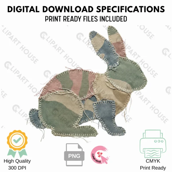 Infographic showing specifications for the Camouflage Bunny PNG: 300 DPI, High Quality, CMYK Print Ready.