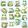 Collection of cottagecore and goblincore frog illustrations including a frog reading, playing guitar, and having a picnic, perfect for digital planner stickers.