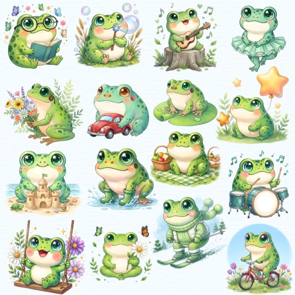Collection of cottagecore and goblincore frog illustrations including a frog reading, playing guitar, and having a picnic, perfect for digital planner stickers.