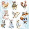 Woodland animal PNG bundle featuring fox in blue dress, reading mouse, duckling, and rooster watercolor illustrations.