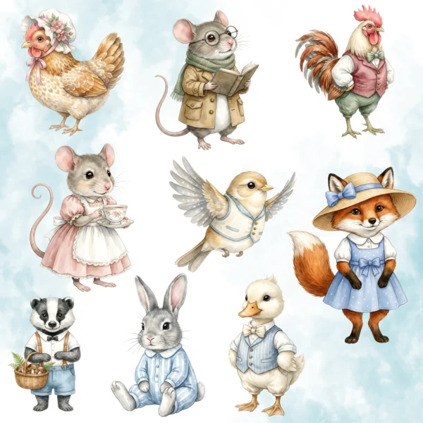 Woodland animal PNG bundle featuring fox in blue dress, reading mouse, duckling, and rooster watercolor illustrations.