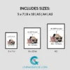 Size guide infographic showing 5x7, 8x10, A5, A4, and A3 formats for the digital download print.