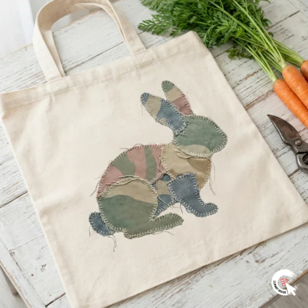 Canvas tote bag featuring a camouflage rabbit design next to fresh carrots on a white wood table.