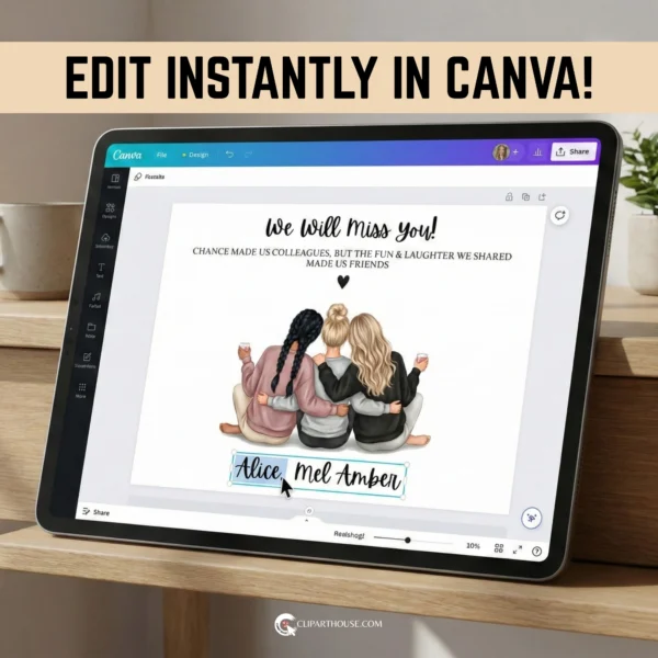 Editing a digital coworker goodbye gift template on an iPad screen using the Canva app.