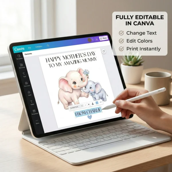 Hands using an Apple Pencil on an iPad Pro to edit the text of a digital Mother's Day card template in the Canva app. Text overlay says Fully Editable in Canva.