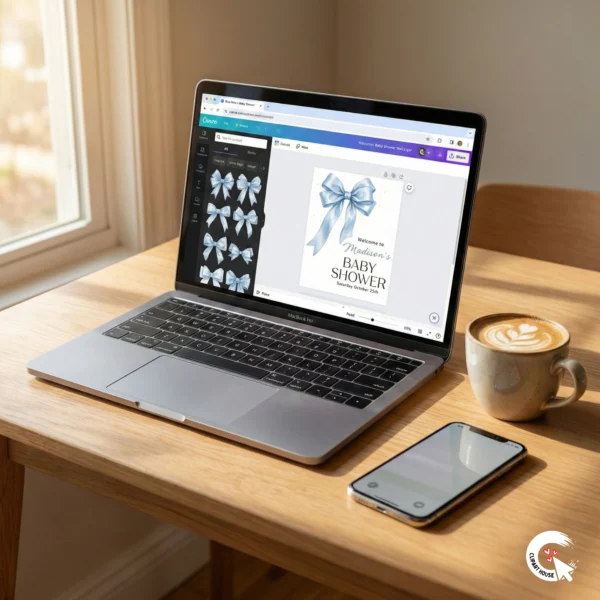 Laptop screen showing editable Canva interface for blue bow baby shower sign, sitting on desk with coffee and smartphone.