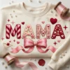 Cream heavy blend crewneck sweatshirt mockup featuring a textured faux embroidery Mama design, styled with pink ribbons and pearls.