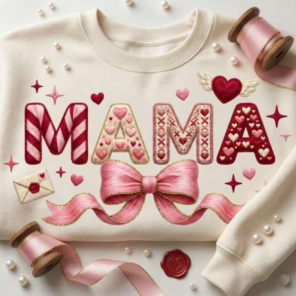 Cream heavy blend crewneck sweatshirt mockup featuring a textured faux embroidery Mama design, styled with pink ribbons and pearls.