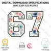 Digital download info sheet for Floral 67 design showing transparent background, 300 DPI quality, and CMYK print readiness.