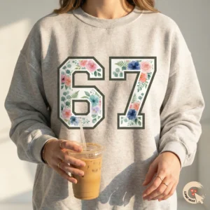 Woman wearing an ash grey sweatshirt featuring the viral floral 67 number design, holding an iced coffee in a sunny setting.