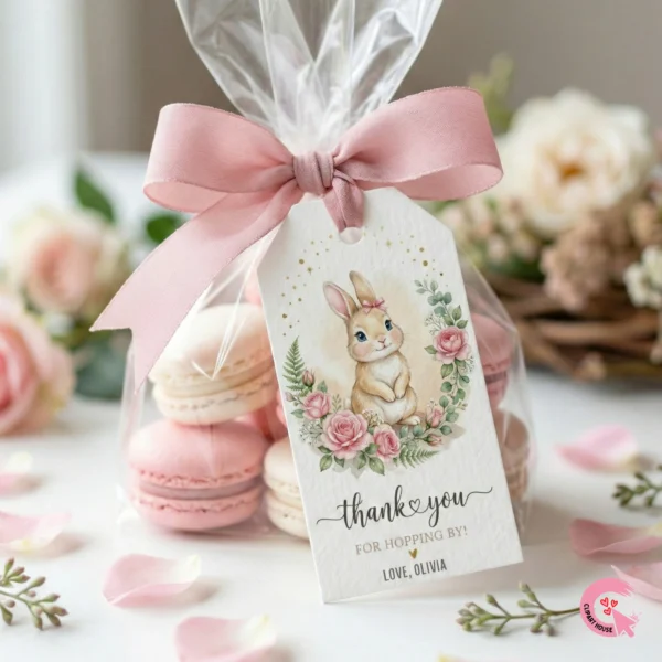 Floral bunny thank you for hopping by tag attached to a clear cellophane treat bag filled with pink macarons.