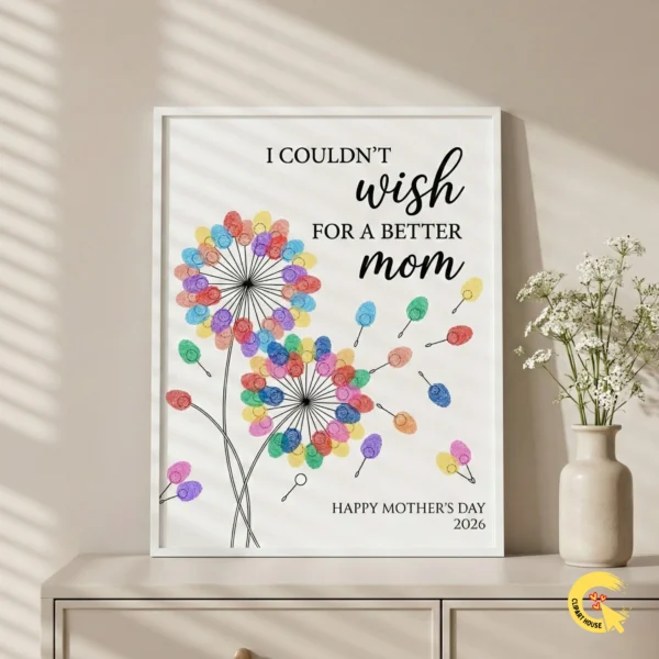 A framed print of the Dandelion fingerprint art standing on a beige sideboard next to a white vase with wildflowers. Sunlight casts soft shadows.