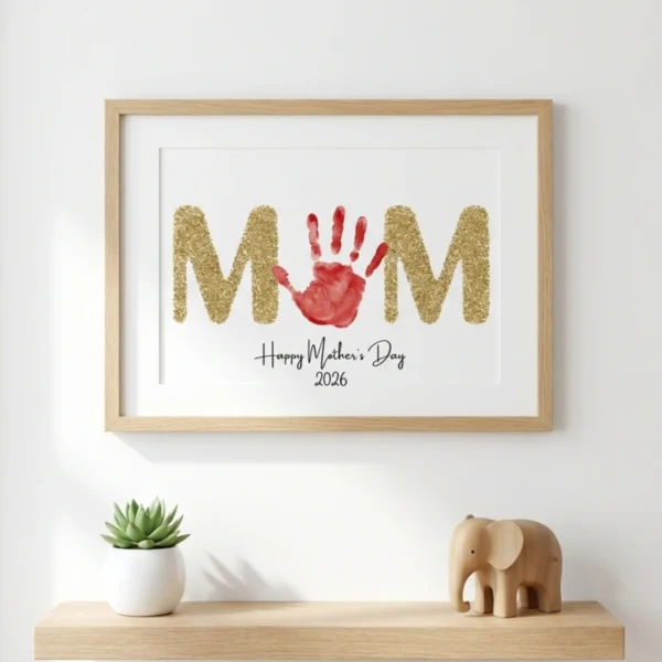 Framed gold glitter MOM handprint art displayed on a wooden shelf with a plant and toy elephant for modern home decor.