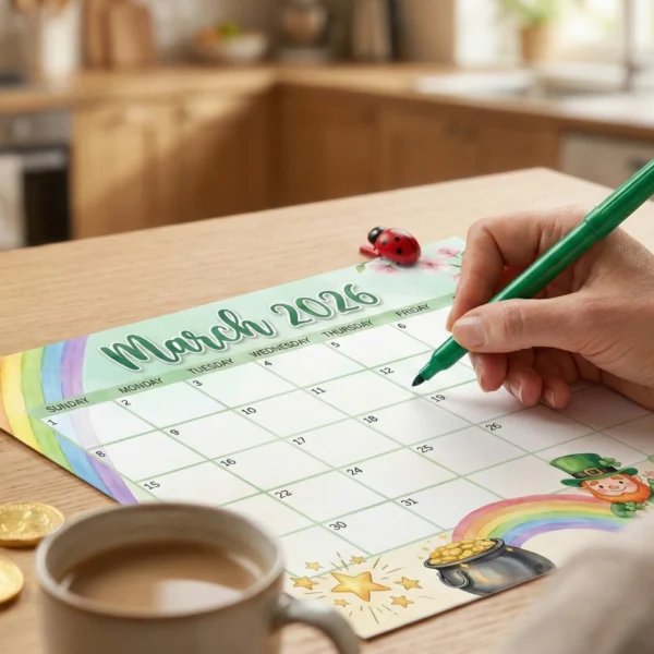 Person writing on March 2026 paper calendar with a green marker to schedule family events and school holidays.