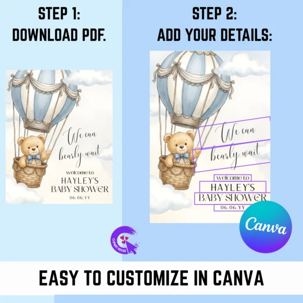 Step-by-step instructions showing how to download and edit the baby shower sign in Canva.