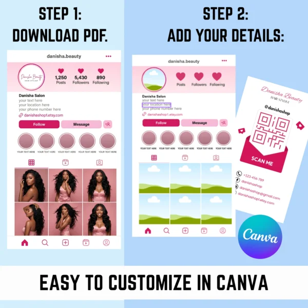 Step by step guide showing how to download PDF and customize Instagram business card details in Canva for free.