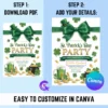 Infographic showing 2 steps to download and customize the St. Patrick's Day invitation using Canva software.