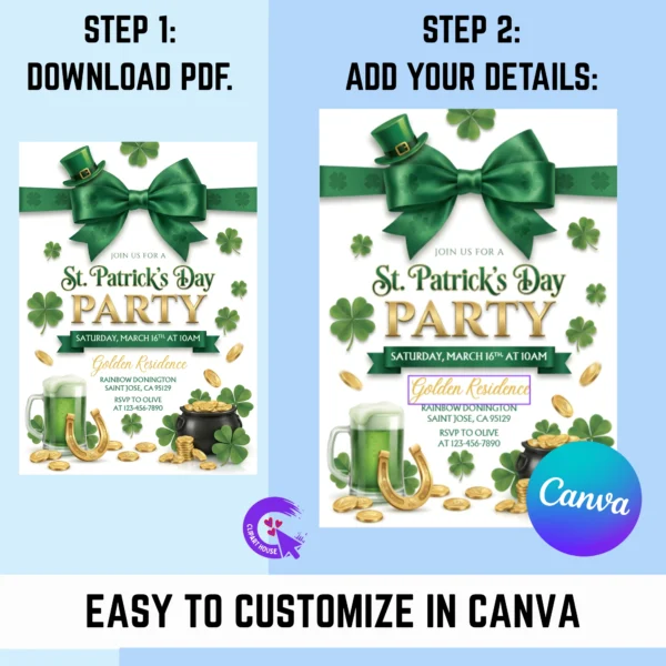 Infographic showing 2 steps to download and customize the St. Patrick's Day invitation using Canva software.