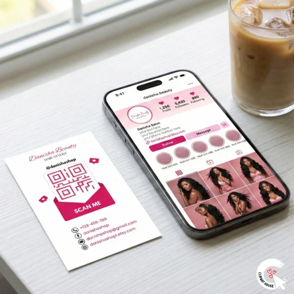 iPhone 15 displaying Instagram profile next to printed business card with matching QR code on white desk with coffee.